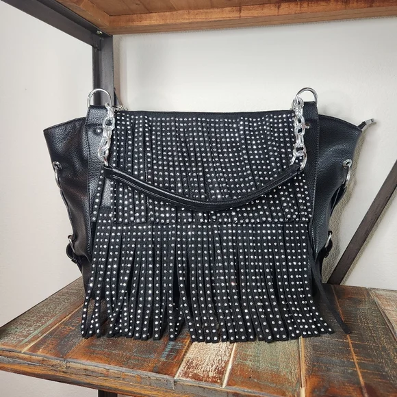 Black Rhinestone Fringe Purse With Silver Accents - Picture 2 of 4